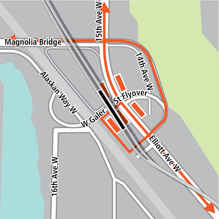 Map with black rectangle indicating station location on Elliott Avenue West, orange rectangles indicating bus stops and orange lines indicating bus routes on 15th Avenue West, the Magnolia Bridge and in a transit loop at the station.